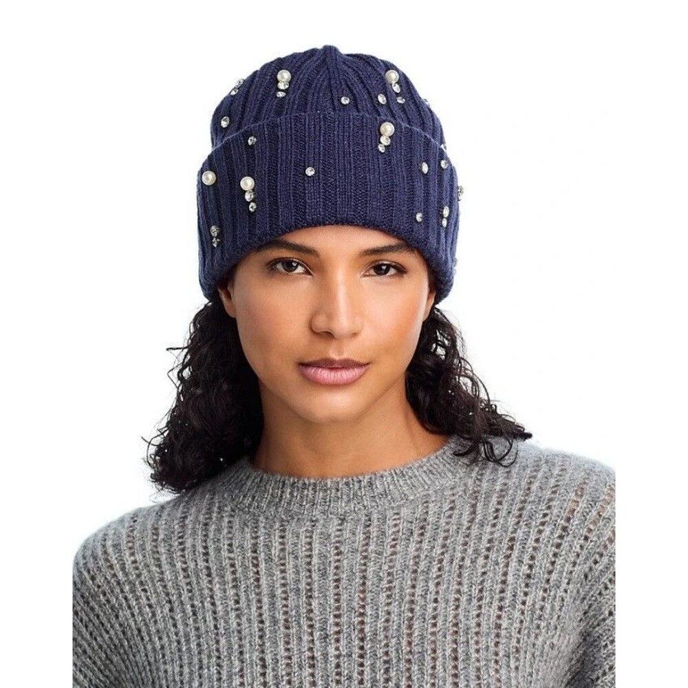 Aqua Designer Women's Embellished Cuff Luxury Hat Beanie Navy Blue One Size
